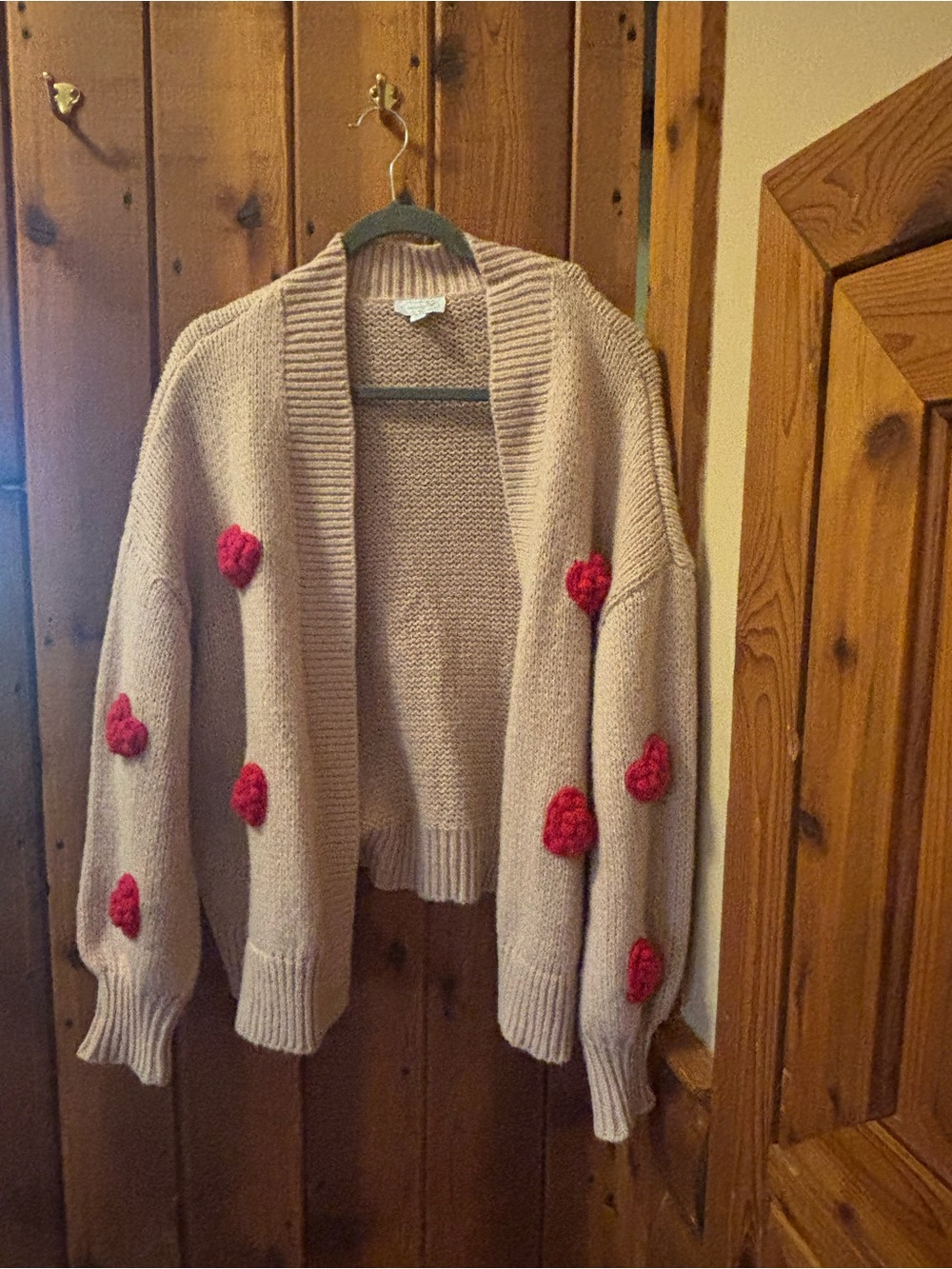 Mud Pie Blush Open-Front Cardigan with Red Heart Appliqués